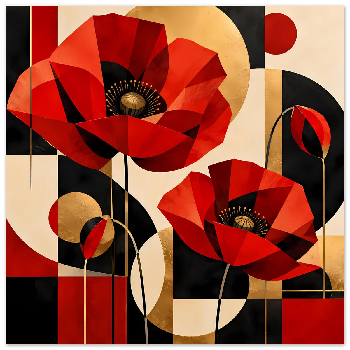 Kunstposter mit roten Mohnblumen, geometrischem Muster, gold-gelben Akzenten und roten Kreisen.