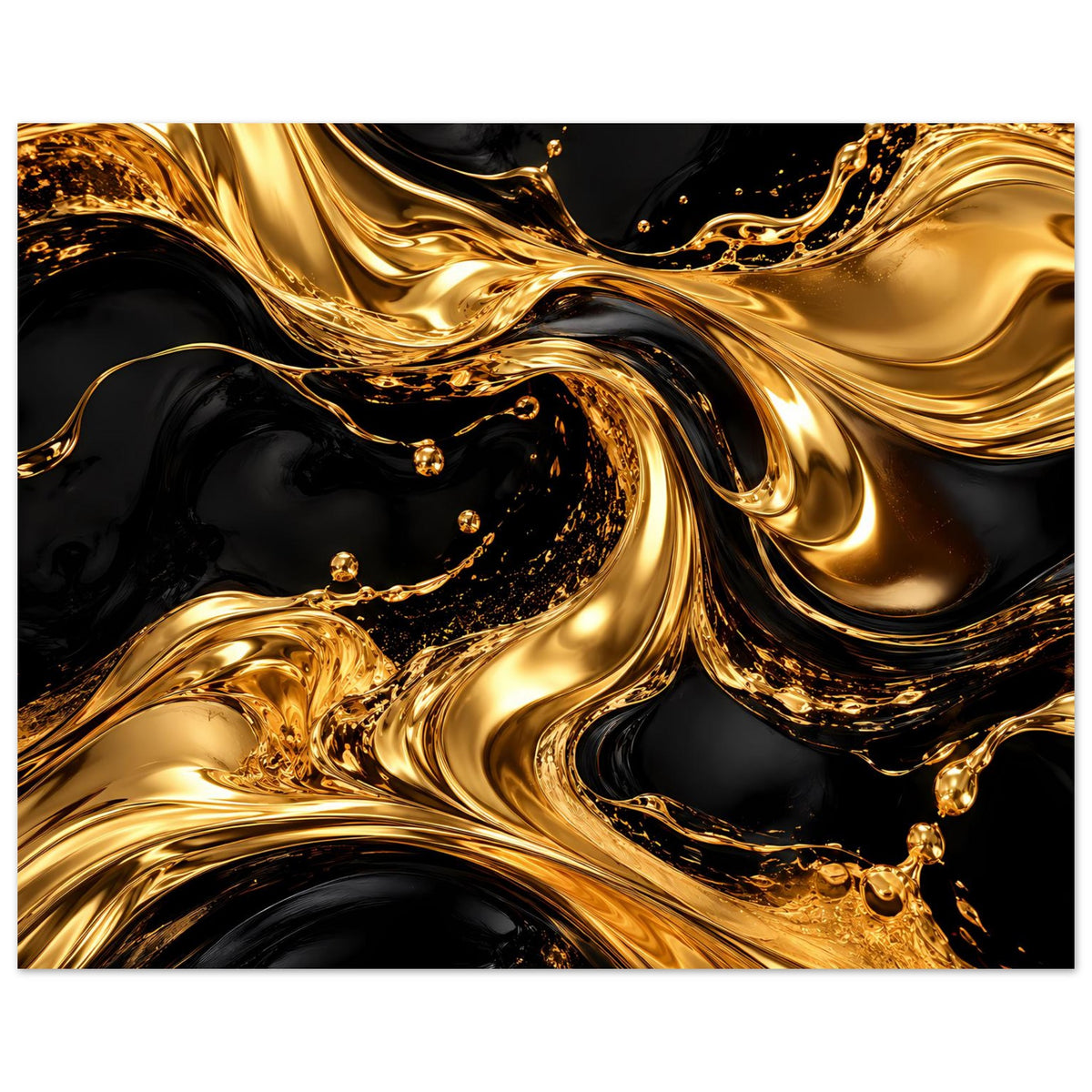 Luxusposter: goldene Abstrakt-Wellen mit Glanzspuren auf dunklem, tiefem Schwarz