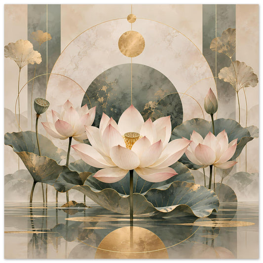 Lotusblumen-Poster mit goldenen Kreisen und zarten weißen Blüten auf dunklem Wassermotiv