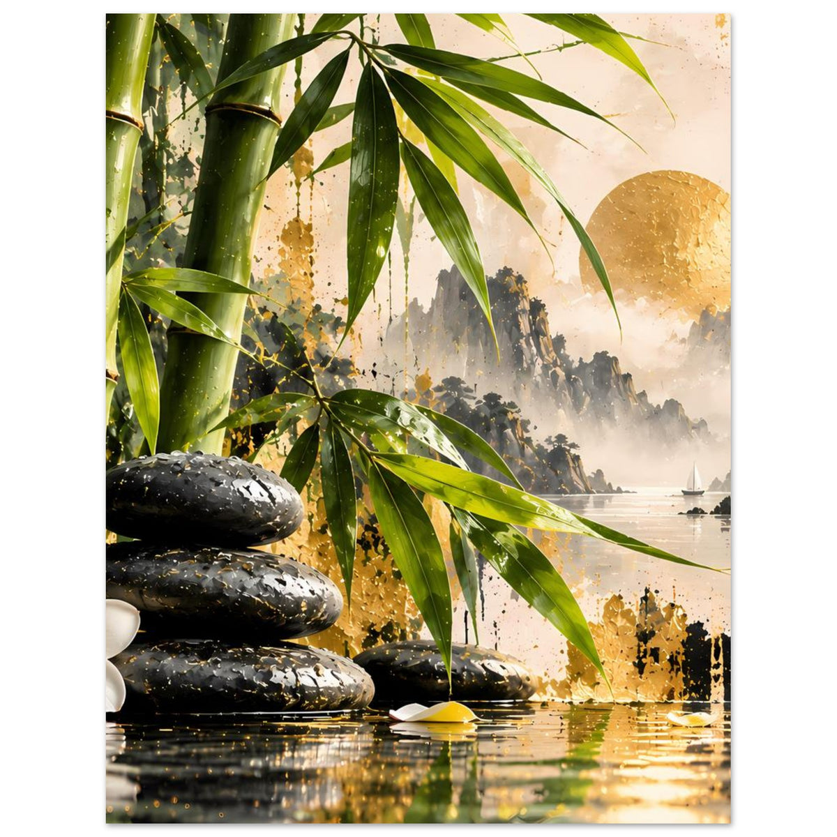 Zen-Bambus-Harmonie-Poster: Bambus und goldene Sonne über See, schwarze Steine am Rand