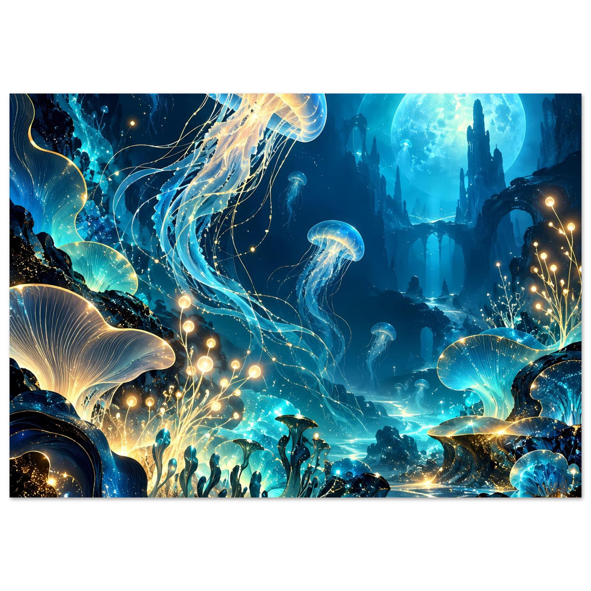 Unterwasserwelt-Poster mit Quallen, glühenden goldenen Partikeln, Korallen und leuchtenden Fischen