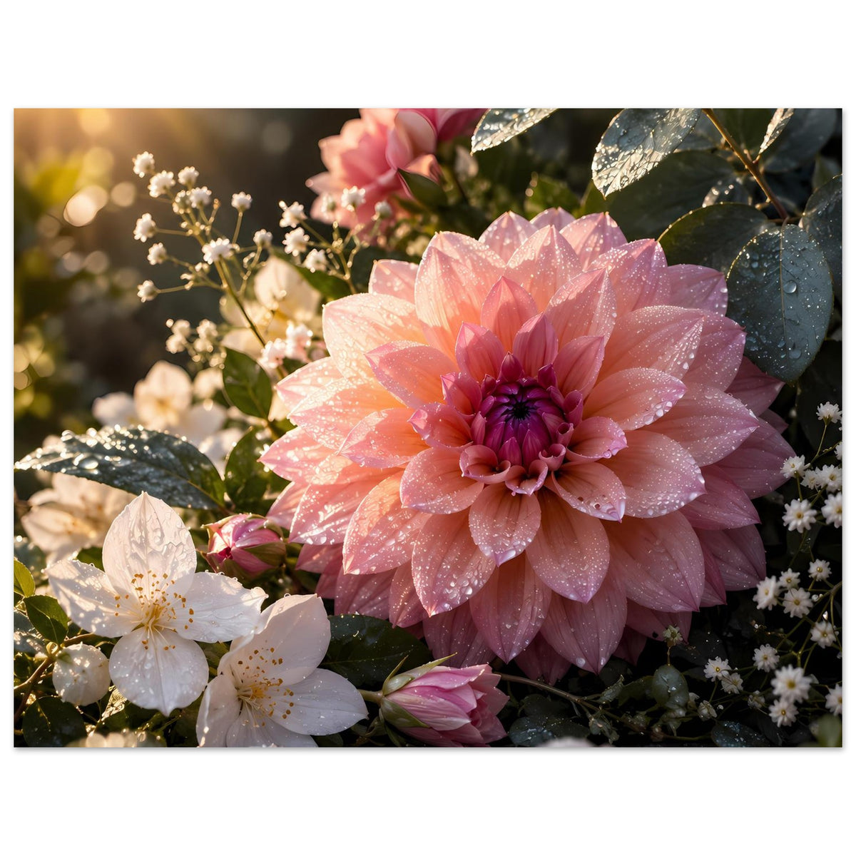Blumenposter querformat mit rosa Dahlie, weißen Blüten und Tropfen auf Blättern