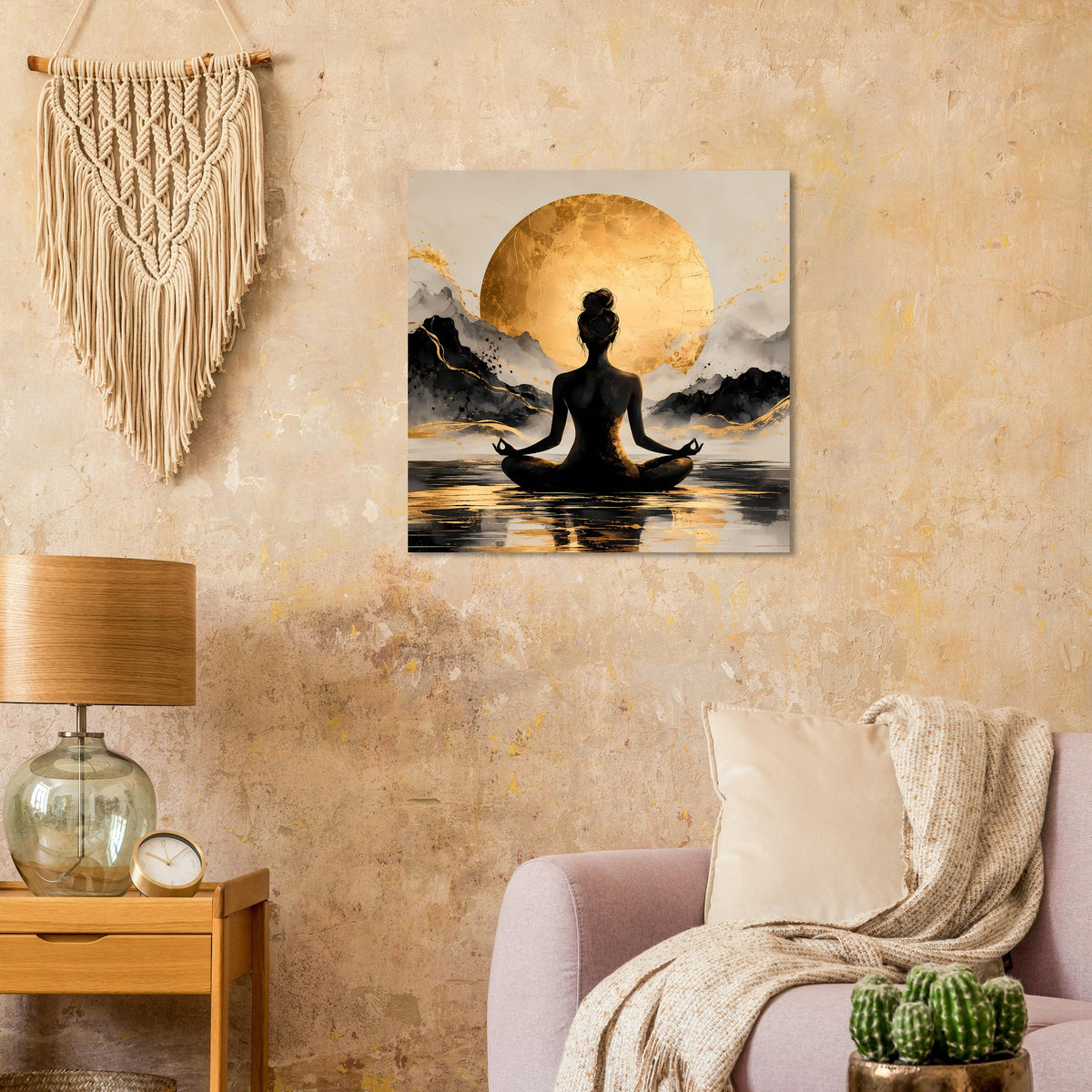 Quadratisches Poster mit Meditations-Silhouette im goldenen Sonnenkreis über Landschaft
