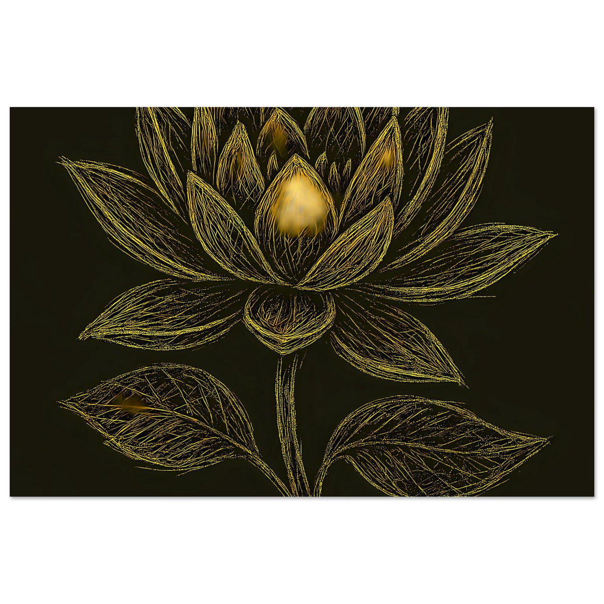 Querformat-Poster mit goldener Lotusblüte und Blättern, auf tiefschwarzem Hintergrund