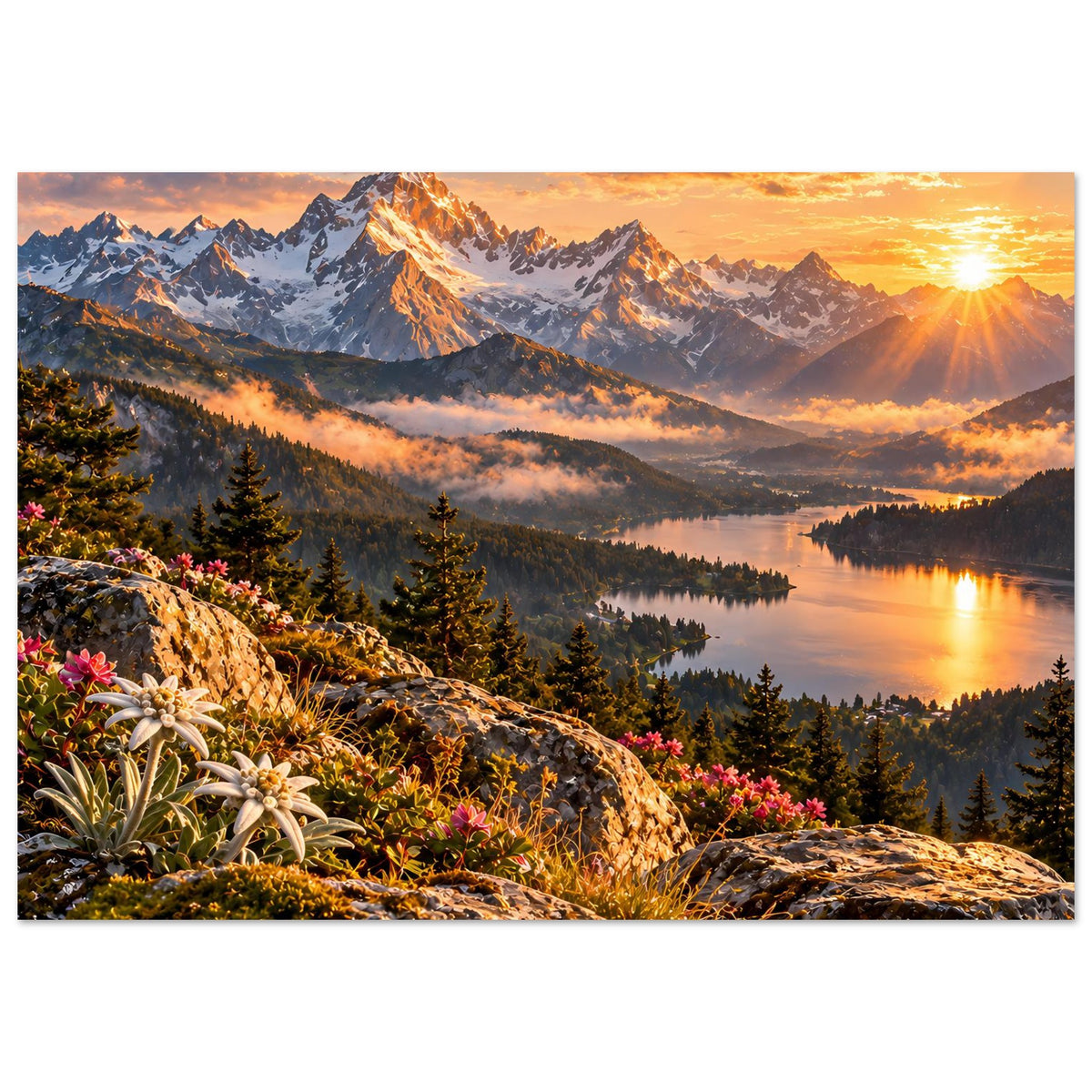 Landschaftsposter mit Bergpanorama, See und Sonnenaufgang, im Vordergrund Felsen und Blumen