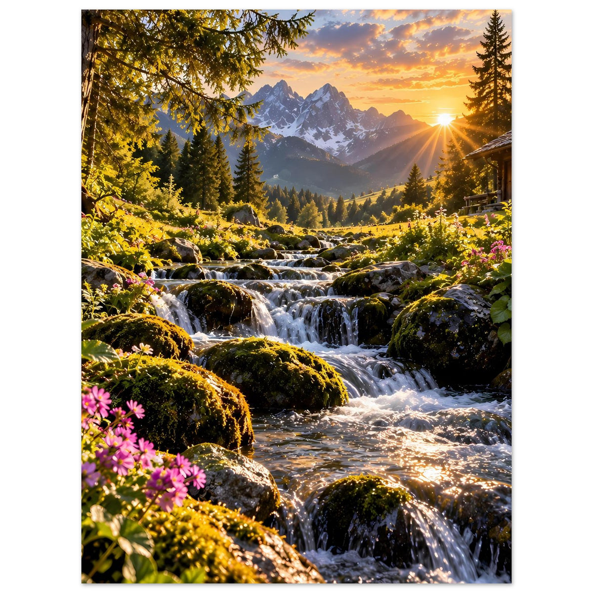 Vertikales Poster: Wasserfall im Tal, Tannen und Felsen, goldorange Abendsonne