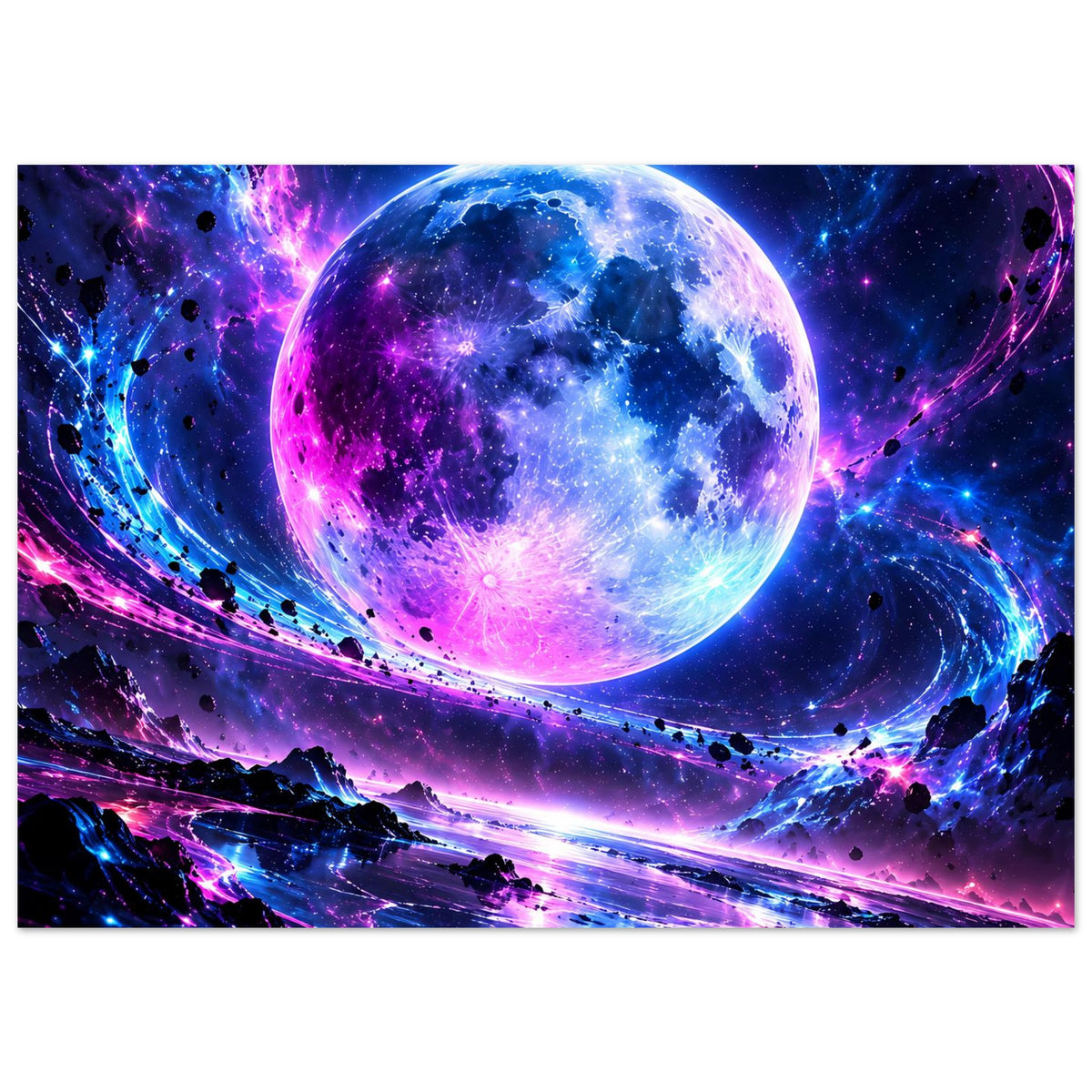 Panoramisches Galaxie-Poster mit blauem und violettem Planeten, Staubspuren und Sternen