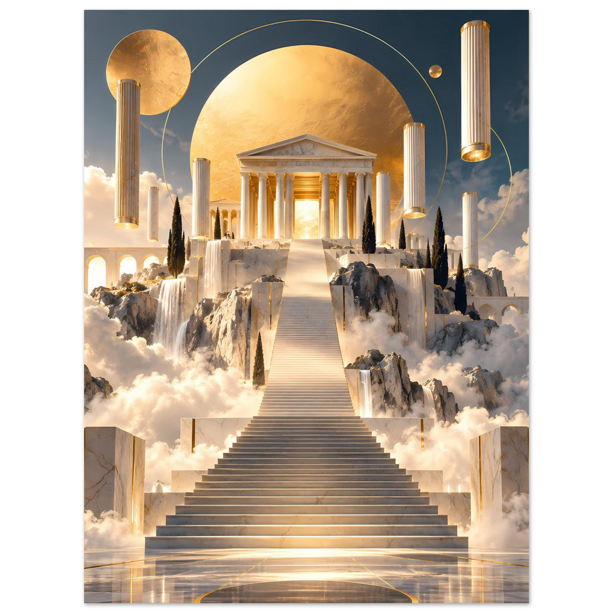 Wandposter: Treppe zur Säulenhalle, goldene Portalform, Wasserfälle in Wolken und Steinstufen