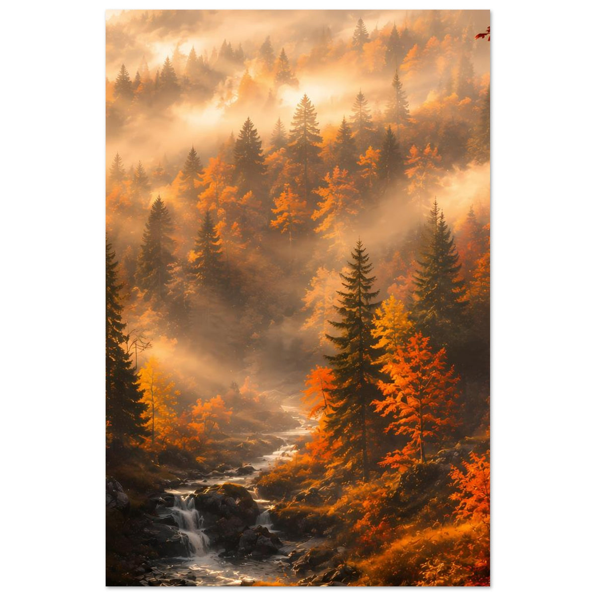 Herbstwald-Poster, vertikal: Tannen, Nebel und leuchtende Baumkronen in Orange