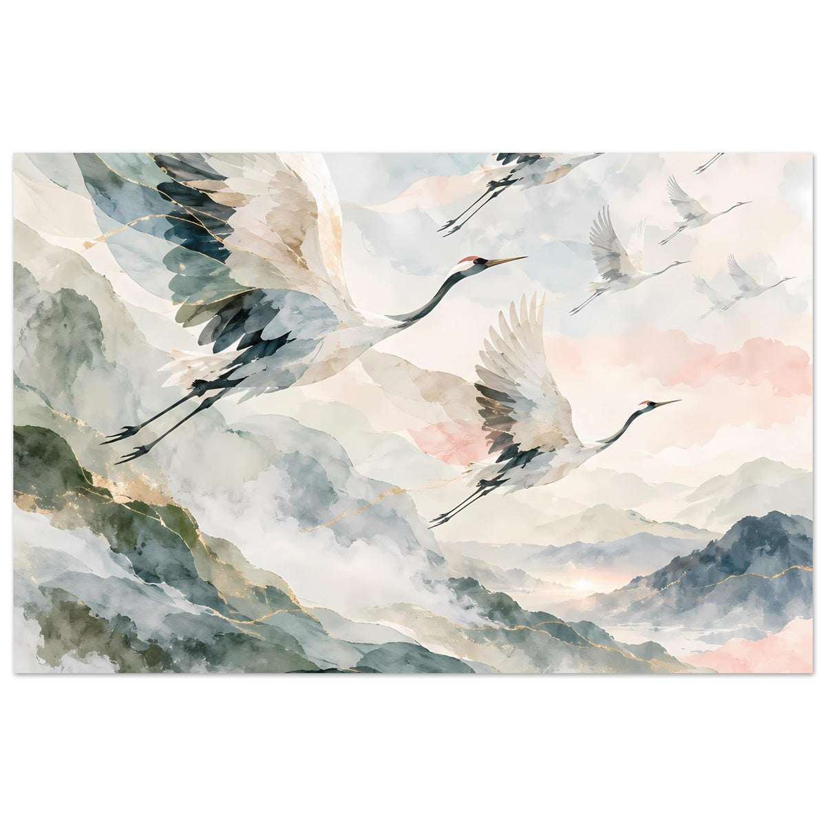 Poster mit fliegenden Kranichen, Aquarelllandschaft und dezente Goldlinie am Gebirge