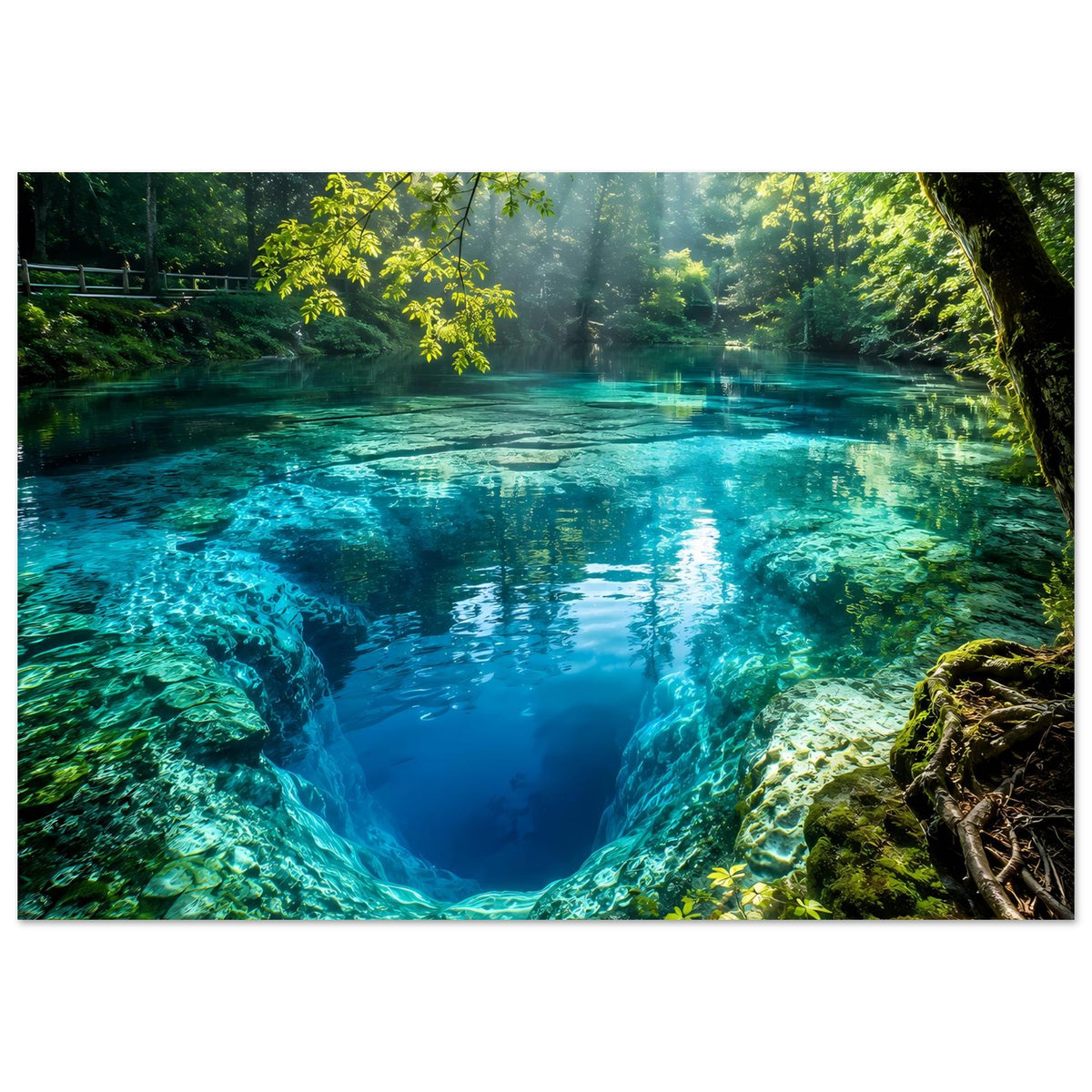 Gerahmtes Poster mit türkisfarbenem Wasserbecken im Wald, umgeben von Felsen und grünem Laub