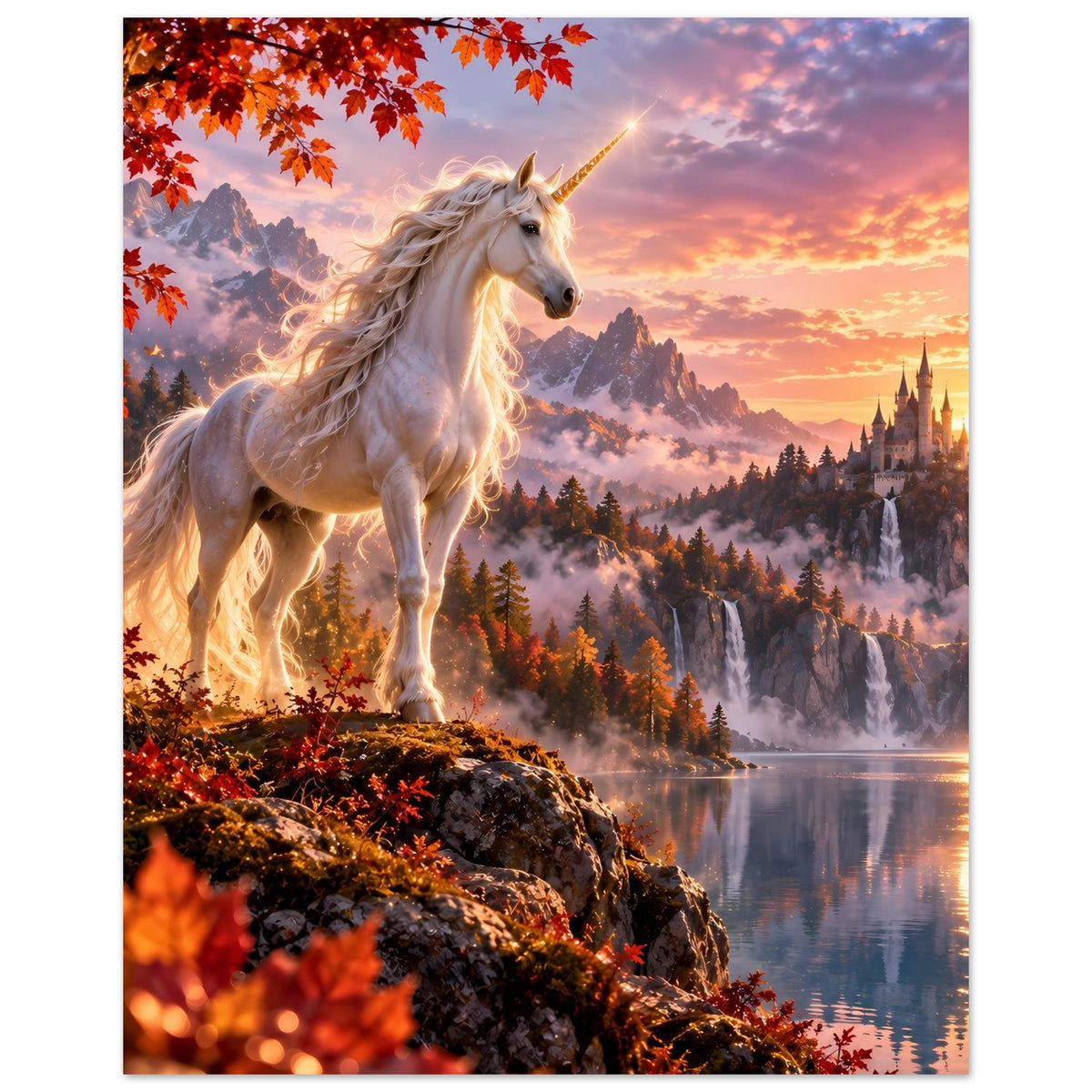 Einhorn-Fantasyposter (vertikal): weißes Einhorn, rote Blätter am Rand, Schloss in Dämmerung