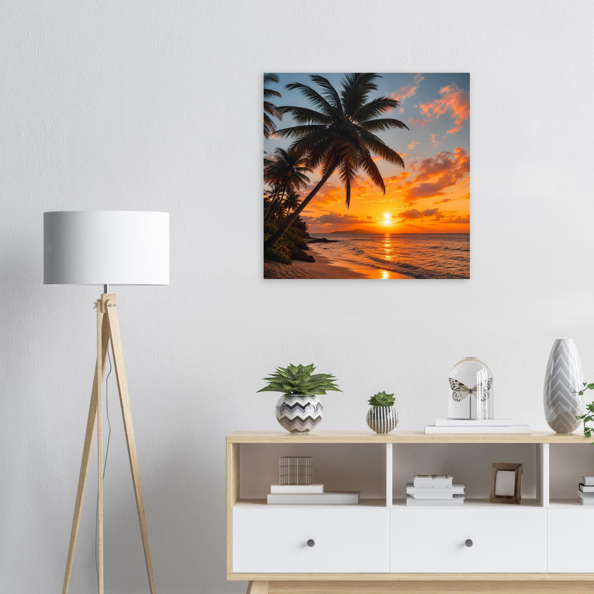 Quadratisches Poster: Palmen und Meer bei Sonnenuntergang, dunkler Rahmen