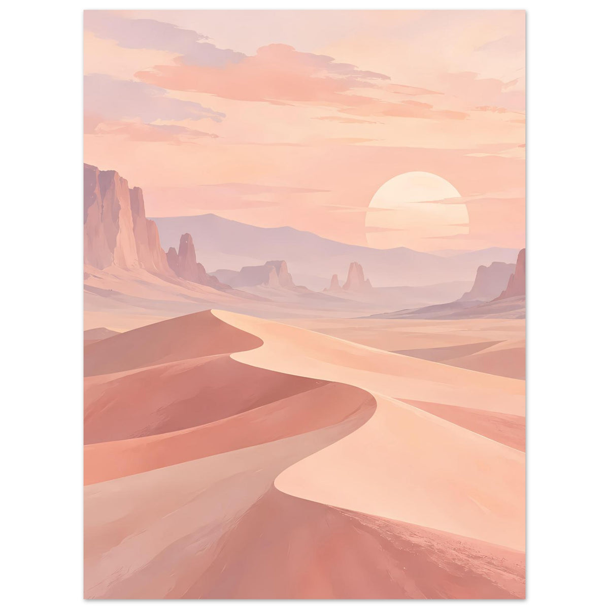 Hochformat-Poster: Sanddünen in Pastellfarben mit Sonnenuntergang und Bergsilhouetten