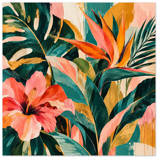 Florales Kunstposter mit großen tropischen Blüten und grünen, gelben und rosa Blättern