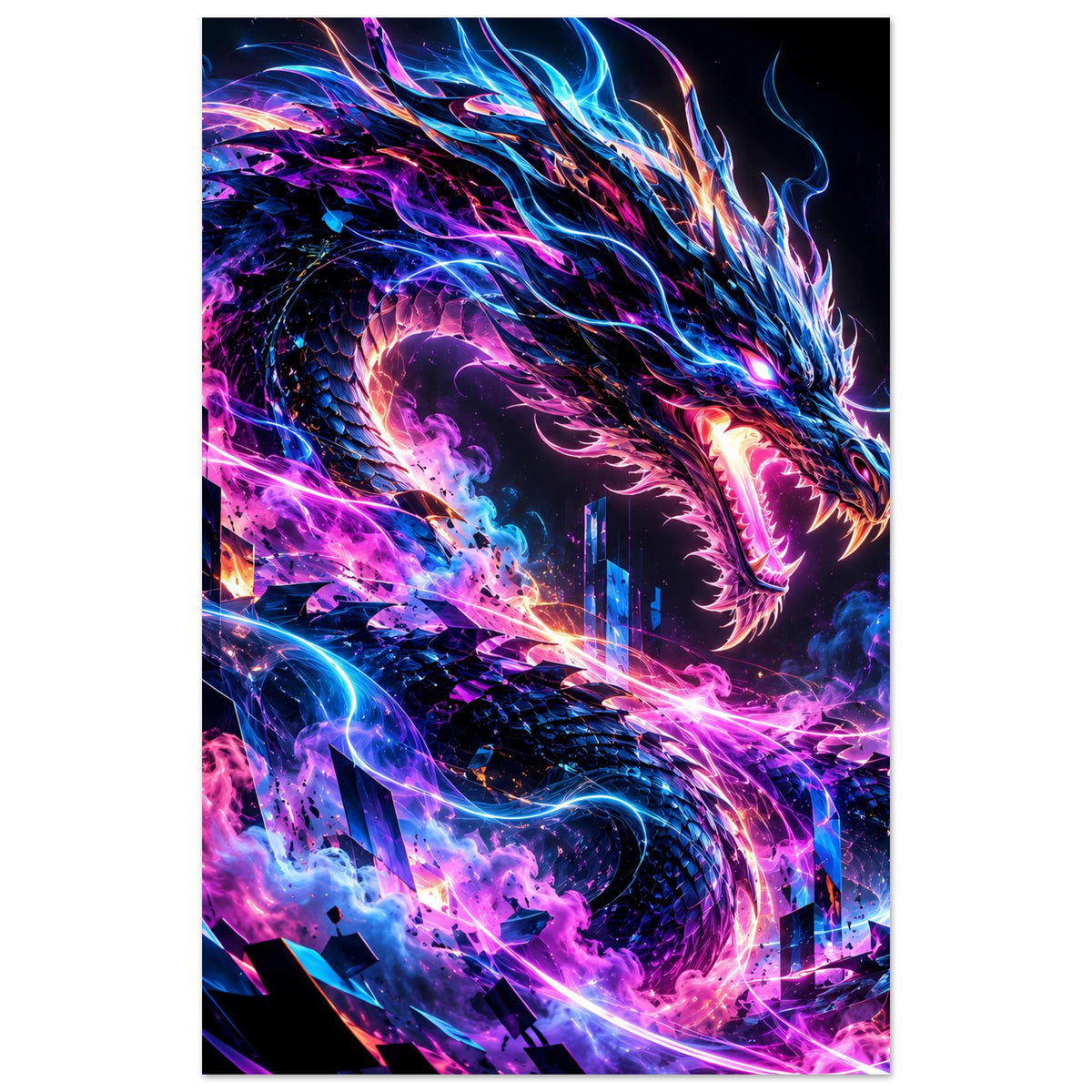 Hochformatiges Poster mit Neon-Cyberdrachenkopf und Drachenrücken, violett-blau leuchtend