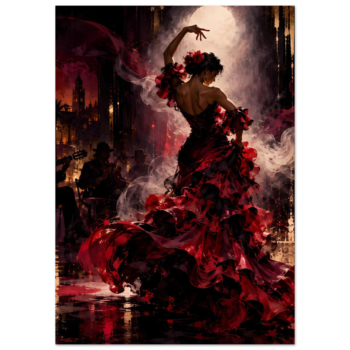 Flamenco-Passion Poster: Flamenco-Tänzerin mit erhobenem Arm, roter Rock und Rauch