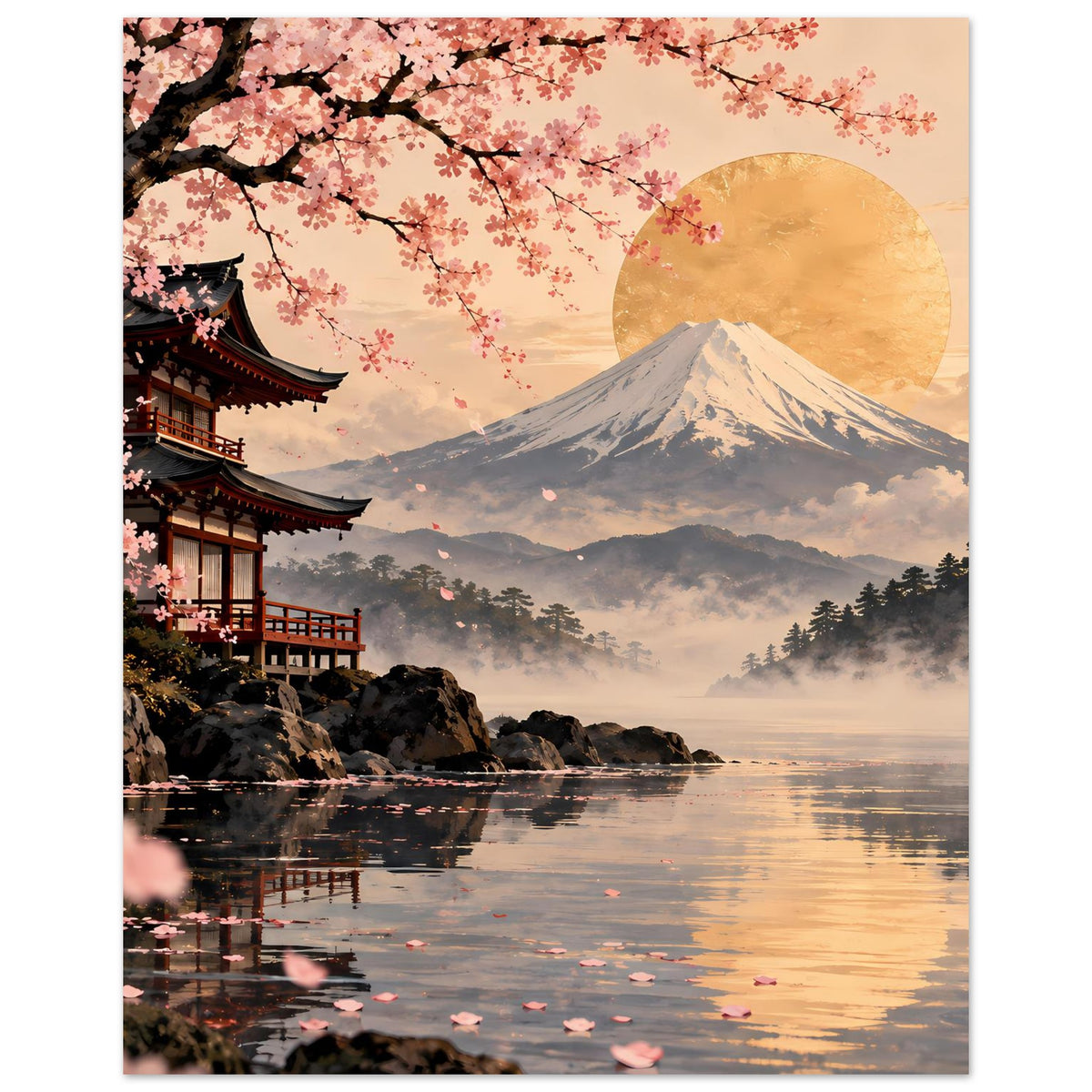 Poster mit Fuji-Berg, goldenem Mond, Kirschblütenzweig und japanischem Tempel am Ufer