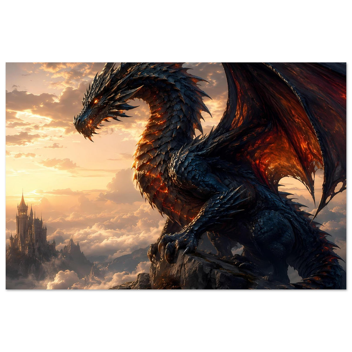 Fantasy-Poster mit blauem Drachen auf Felsen, dunkle Flügel und glühende Feuerfarbe am Körper