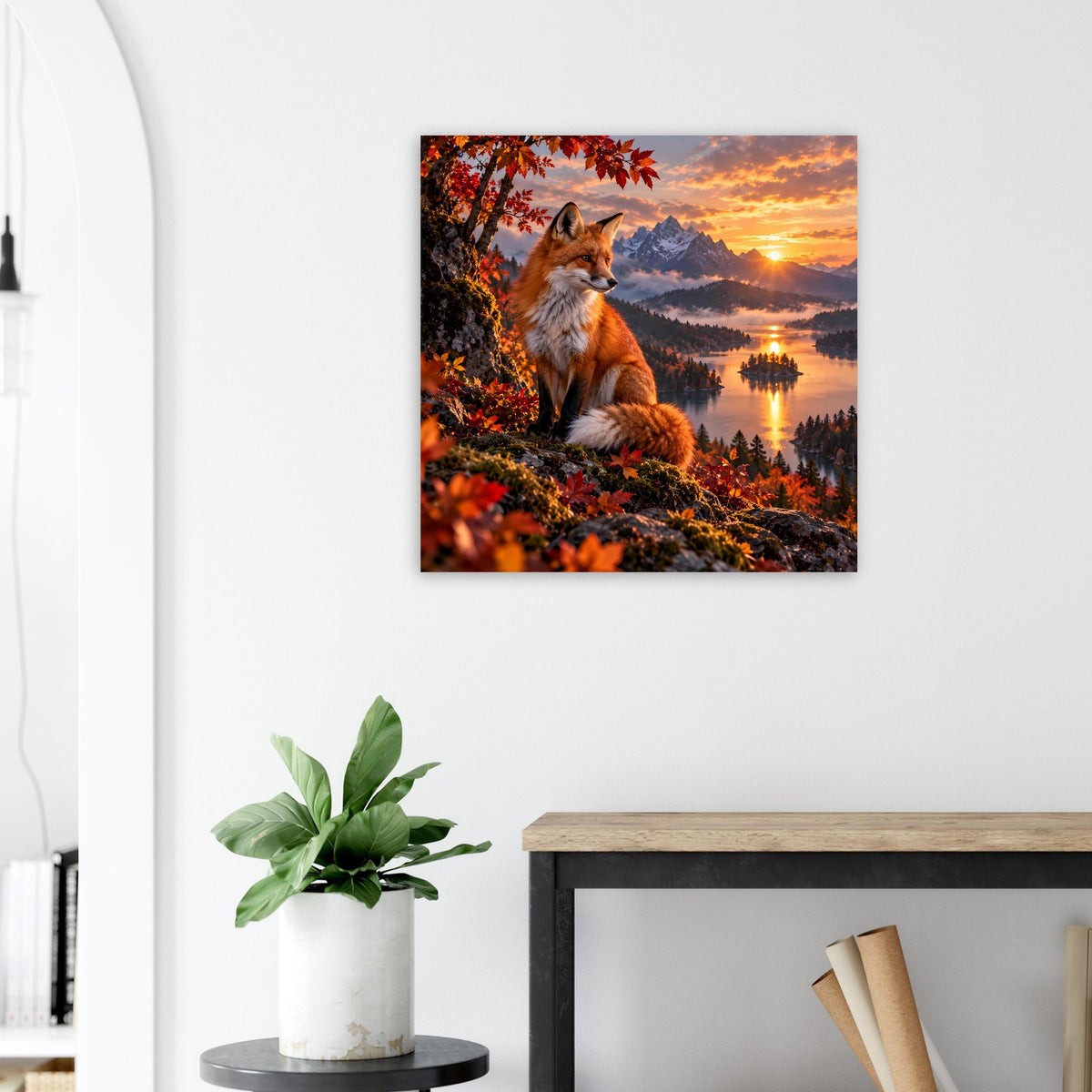 Quadratisches Poster: Fuchs sitzt im Laub am See, Abendhimmel mit orangefarbenen Wolken