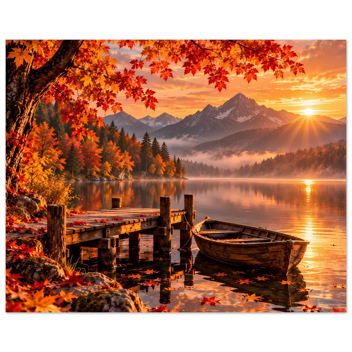 Herbstliches Berglandschafts-Poster mit Seeufer, Holzsteg, Boot und roten Ahornblättern