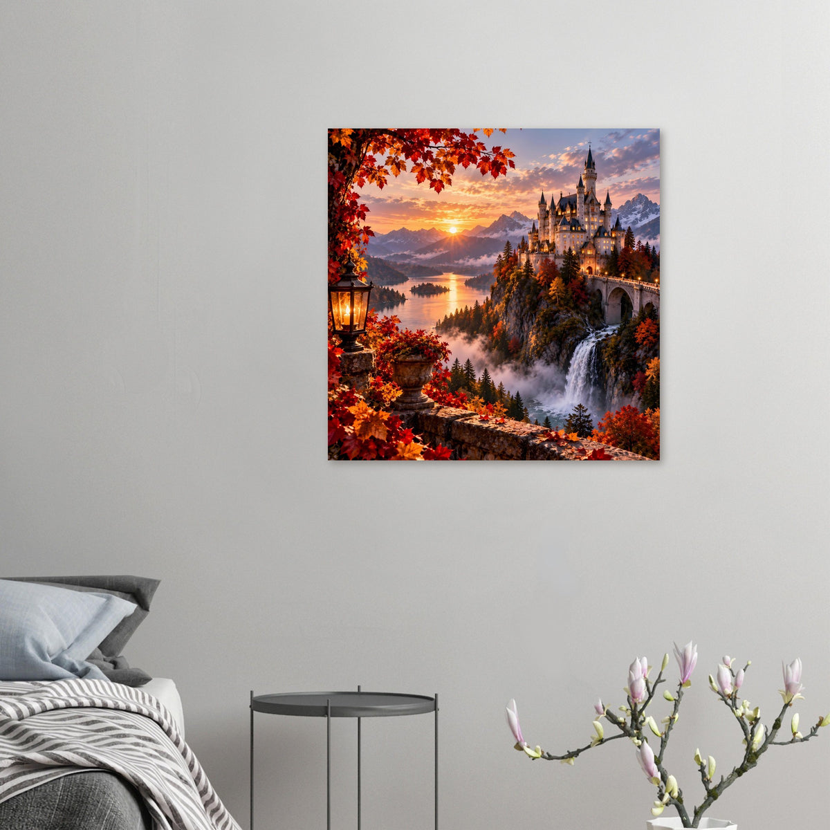 Kleines Herbstliches Schloss-Poster mit Sonnenuntergang, See und Wasserfall