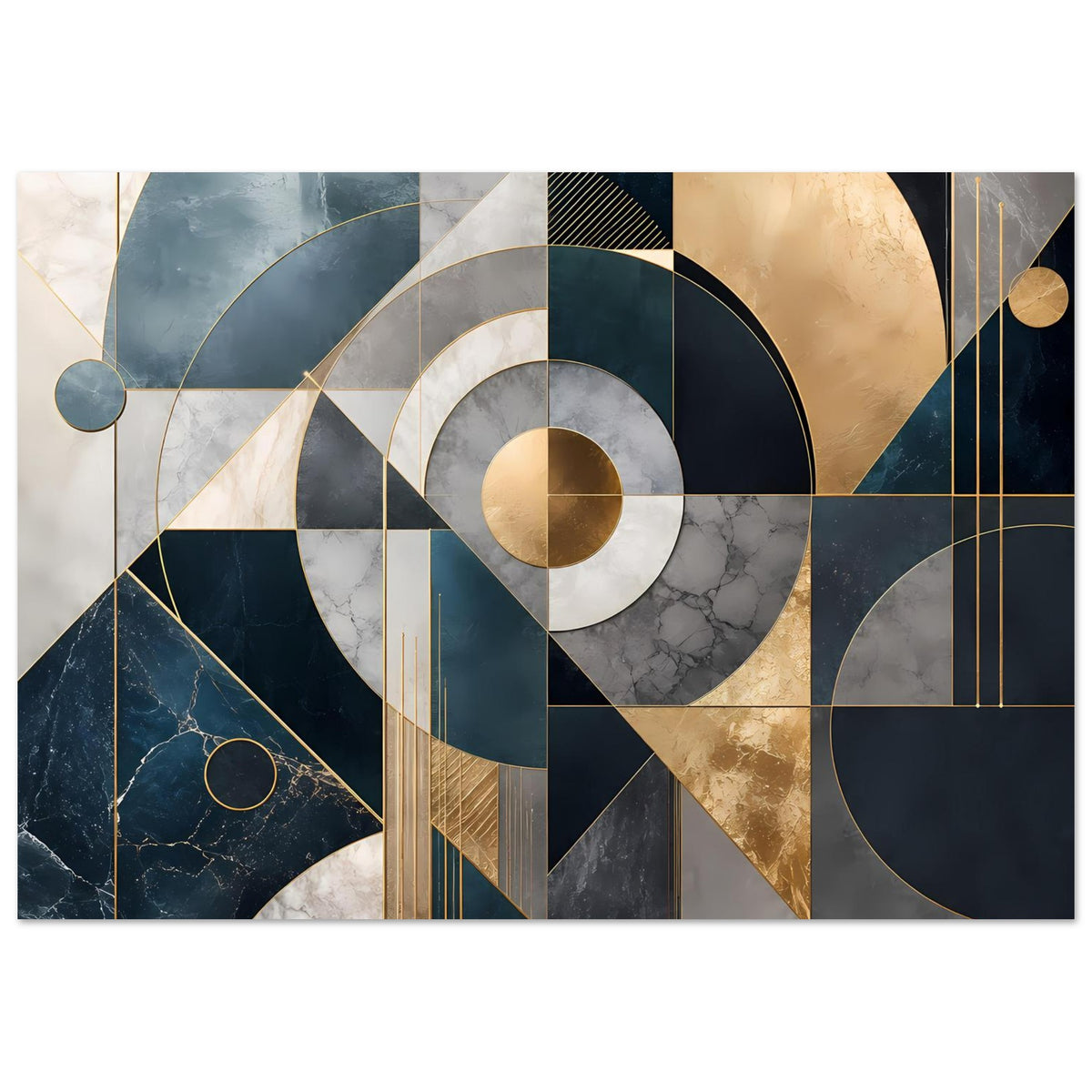 Geometrisches Kunstposter im Querformat mit Kreisen, Streifen und Goldakzenten in Blau, Grau