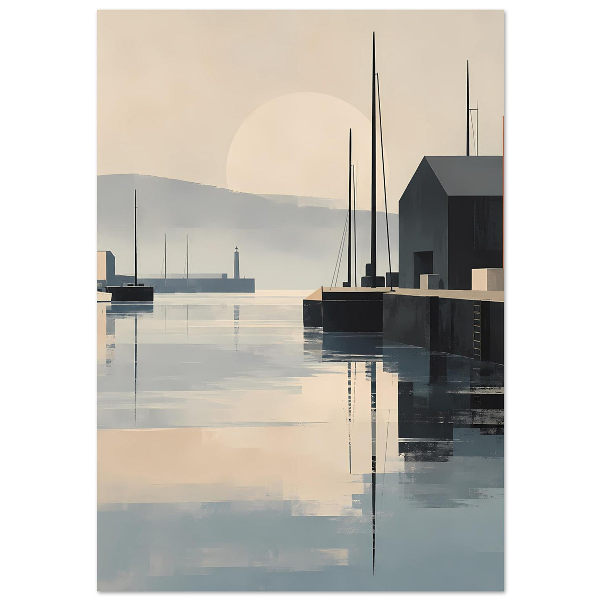 Hafen-Sunset-Poster, ruhige Wasserflächen mit Spiegelbildern, schlanke Masten im Vordergrund.