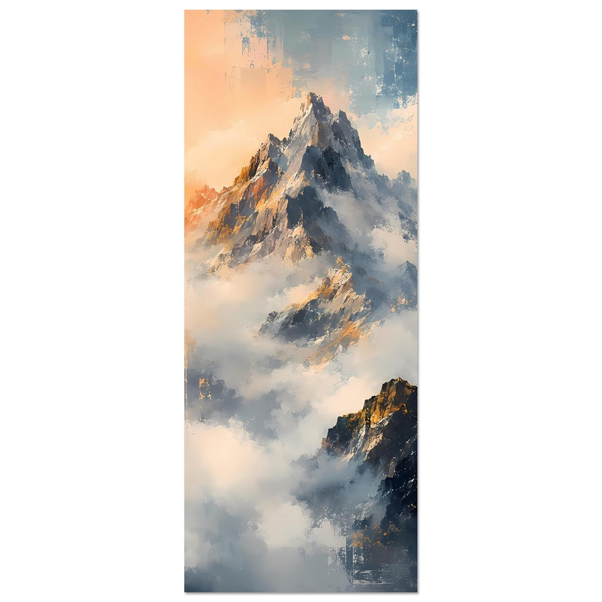 Sunrise-Bergposter, vertikale Ansicht mit hohem Gipfel und blauen Wolken, mattes Premiumpapier