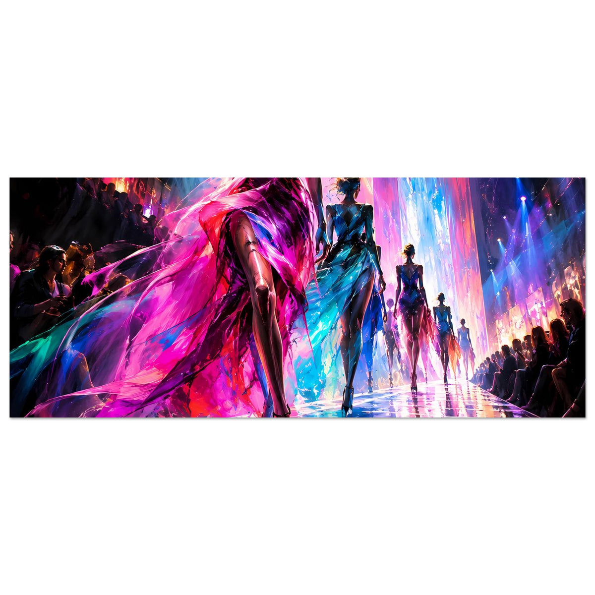 Mode-Runway-Poster im Querformat: mehrere Models auf glitzerndem Laufsteg, Pink-Blau-Optik