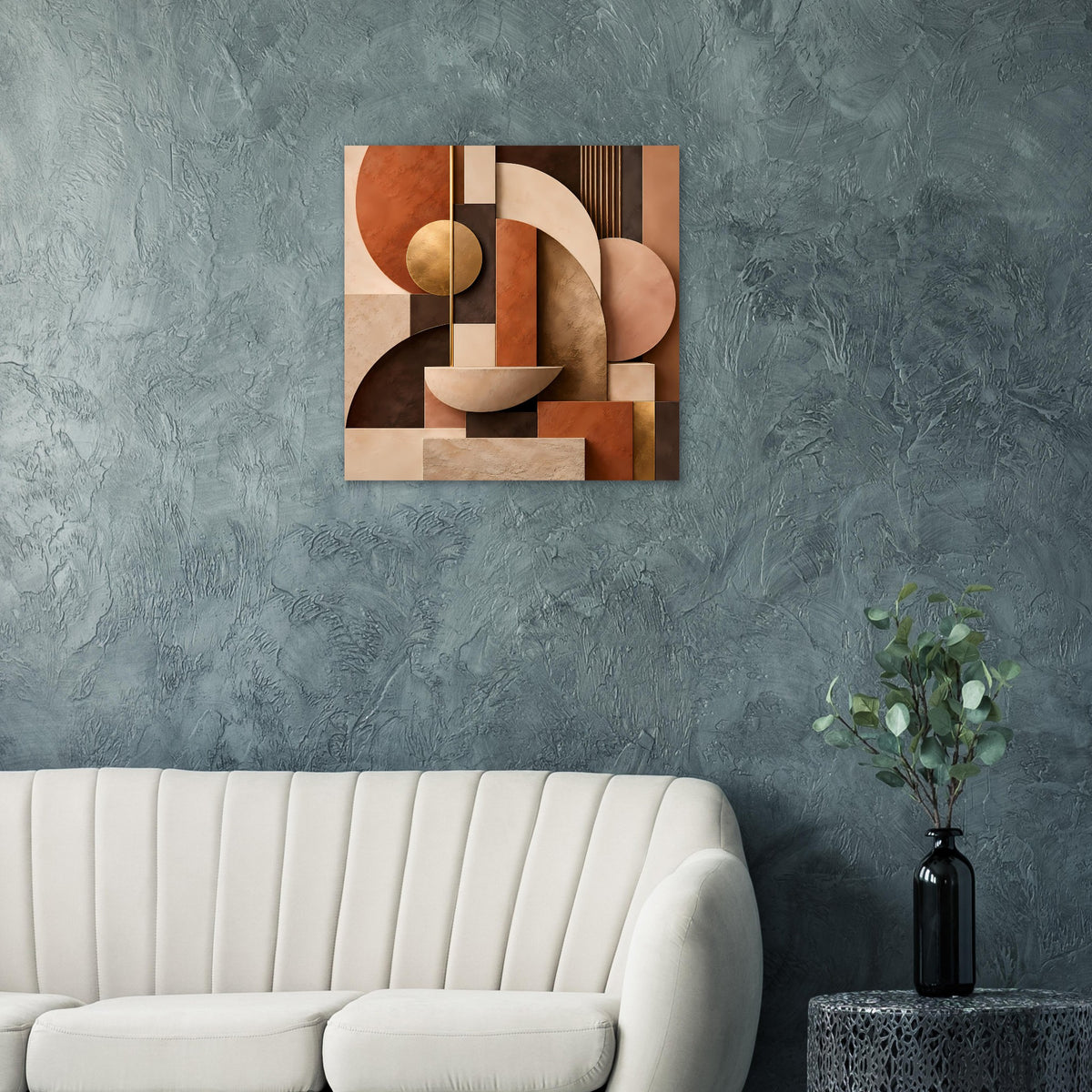 Geometrisches quadratisches Kunstposter mit Terrakotta-, Beige- und Gold-Flächen