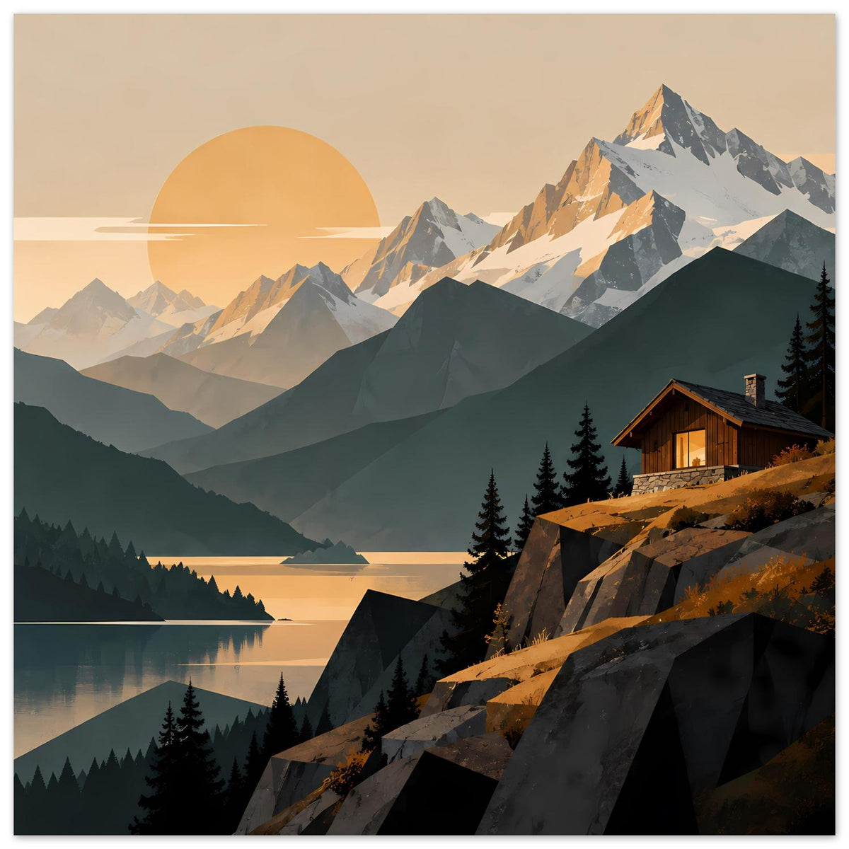 Landschaftsposter im Hochformat: Alpenpanorama mit Hütte am Hang, See und Abendsonne