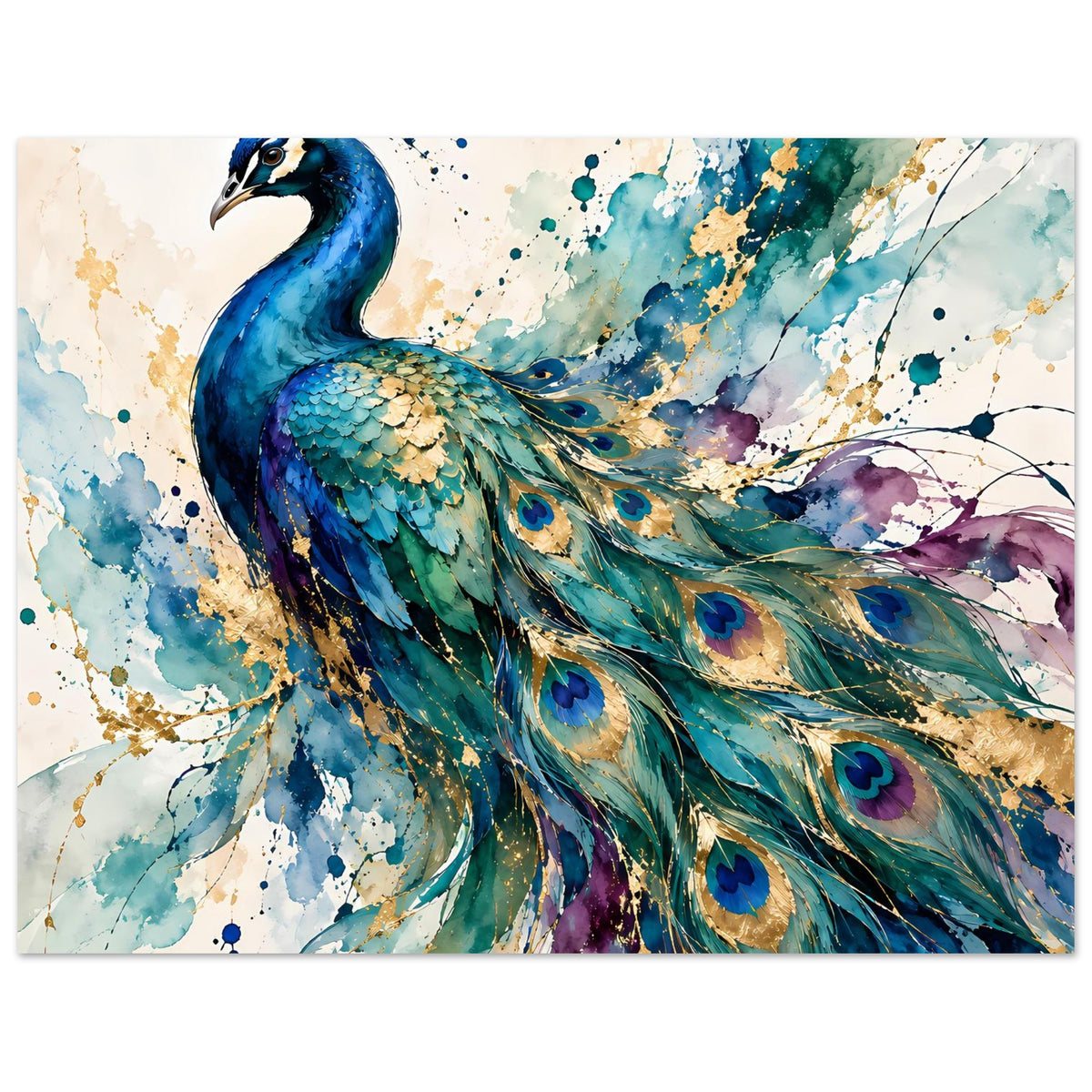 Pfau-Wandposter im Querformat, Aquarell: blauer Kopf, grün-goldene Federn im Nahbereich