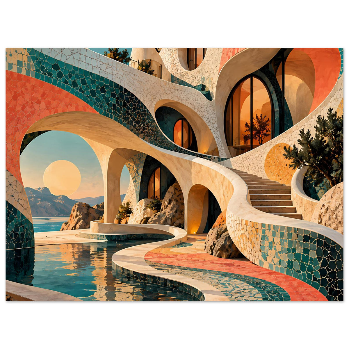 Kunstposter mit Mosaikarchitektur, Rundfenstern und geschwungenem Wasserlauf