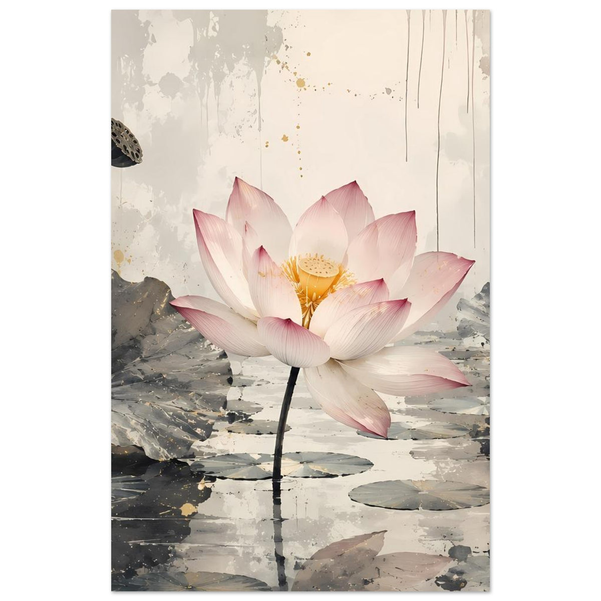 Zen-Poster mit zentraler rosa Lotusblüte auf grauem Seerosenteich, dezente Linien und Sprenkel