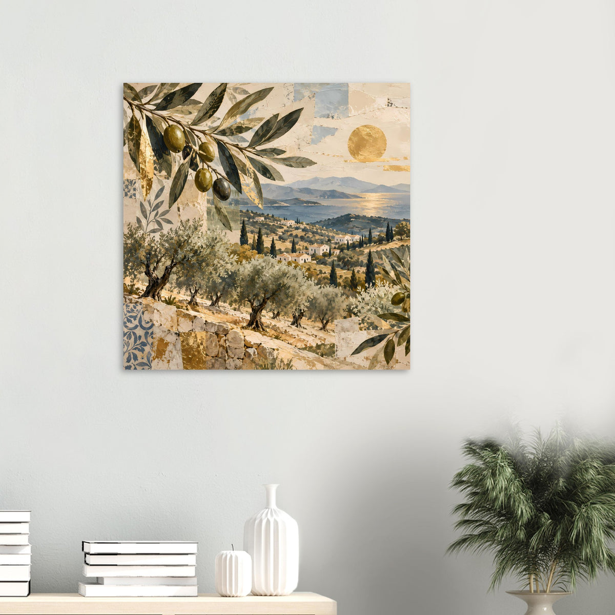 Mediterranes Olivenhain-Poster, quadratisch: Talansicht mit Häusern, Olivenbäumen und goldenem Kreis