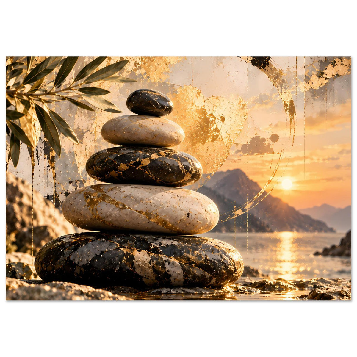 Zen-Poster mit Steinstapel und goldene Kreisornamente, ruhige Uferlinie und Lichtglanz