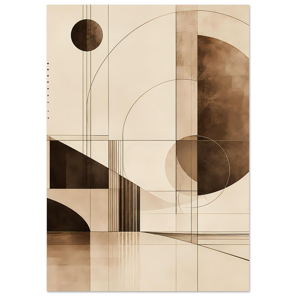 Bauhaus-Artprint mit großem Kreis rechts, Linienraster und dunklen Blockformen in Sepia