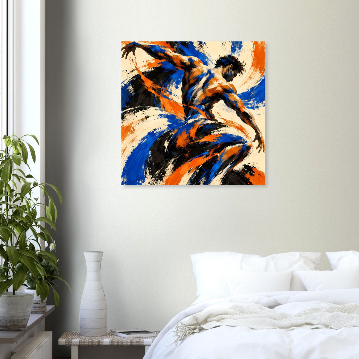 Quadratisches abstraktes Kunstposter mit dynamischen Farbwirbeln in Blau, Orange und Schwarz