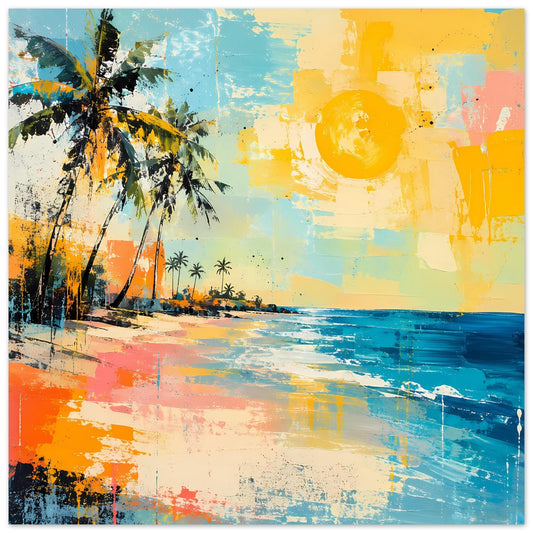 Strandposter mit Palme, Meer und Sonne; Türkis, Orange, Gelb