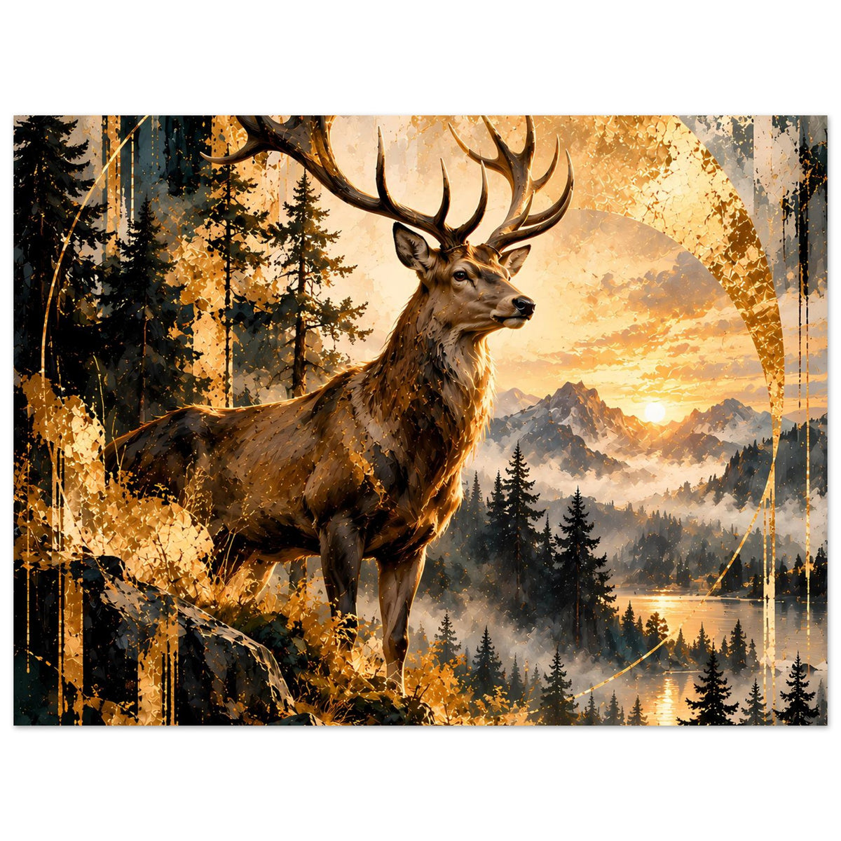 Poster mit Hirsch im Vordergrund, goldener Wald mit Bergen und Sonnenuntergang