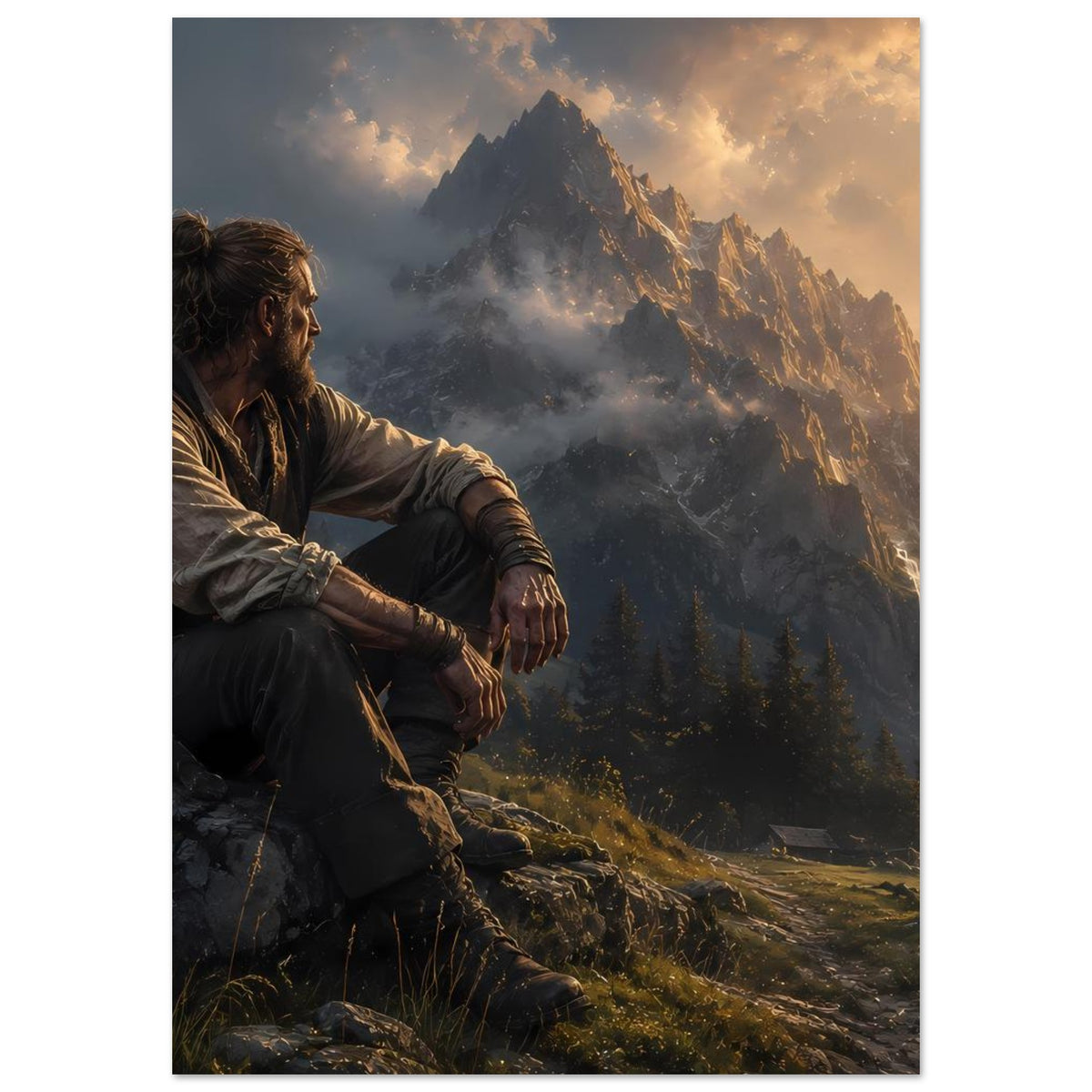Poster (Hochformat): Wanderer am Rand, Berge, Tannenwald und goldenes Licht