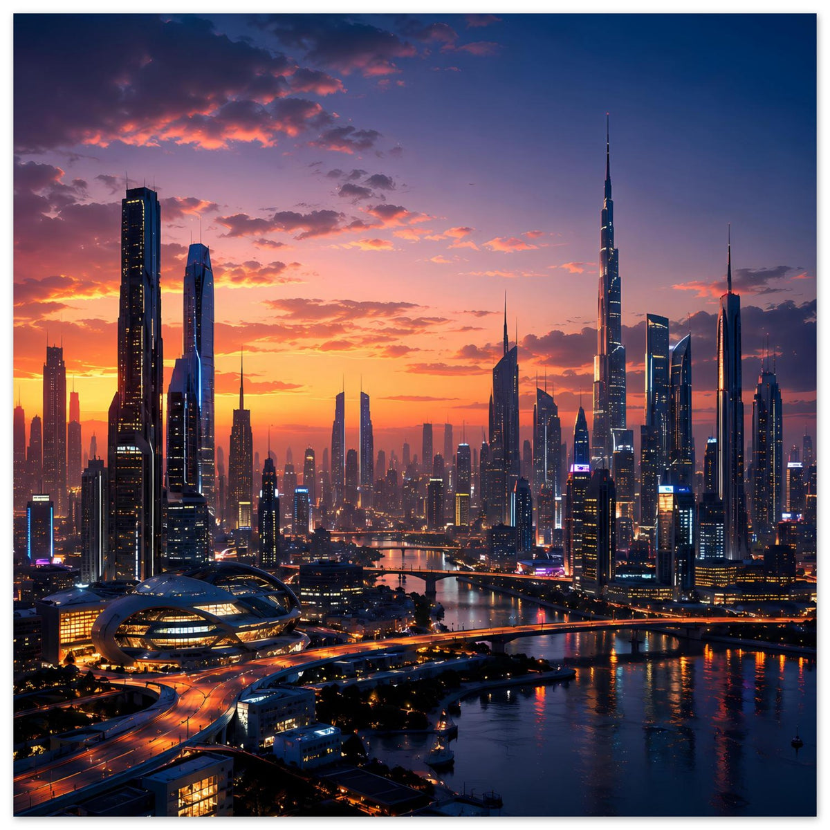 Hochformatiges Skyline-Sonnenuntergangs-Poster mit Abendhimmel, Fluss und Stadtsilhouette