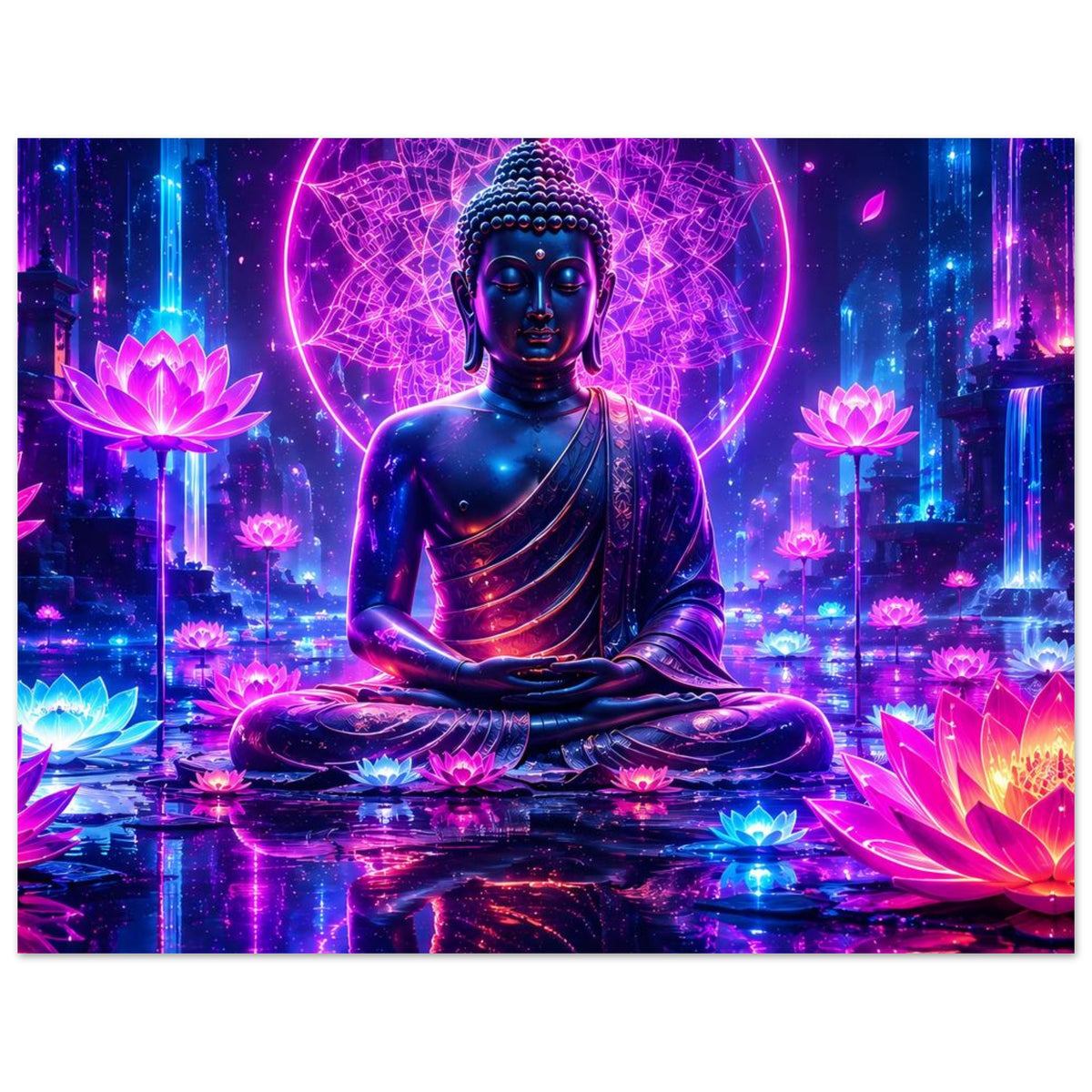 Querformat-Poster mit Buddha im Lotussitz, leuchtenden Lotusblüten und Neon-Kreis