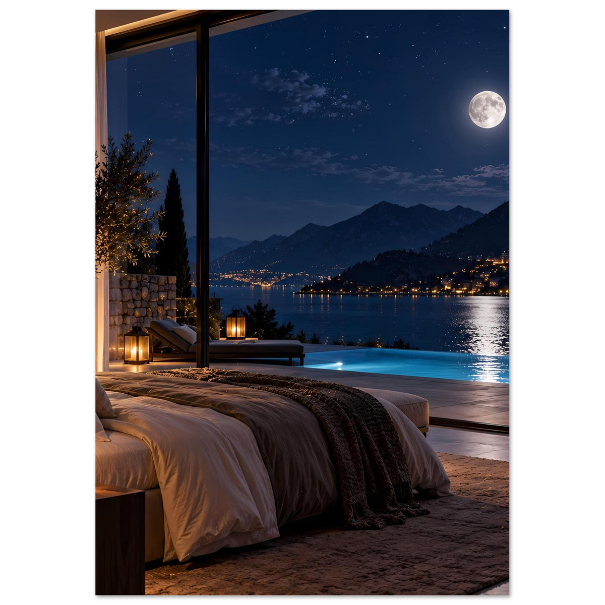 Poster im Hochformat mit Nachtblick: Bett vor Fenster, Mond, Berge und See