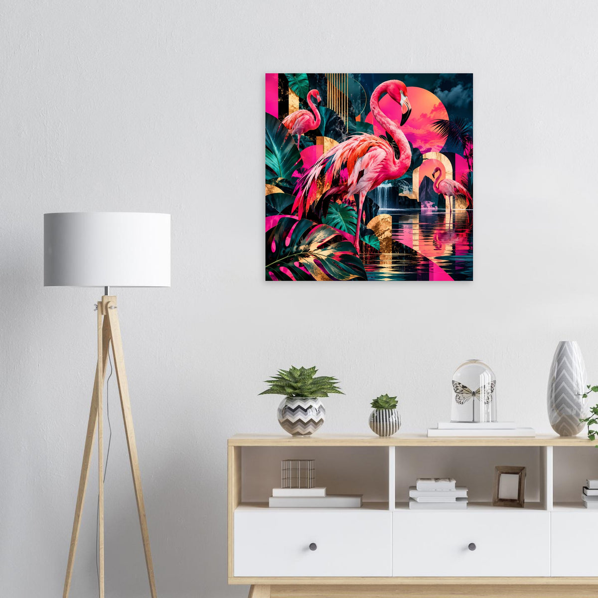 Poster mit pinken Flamingos, türkis-grünem Laub und reflektierender Wasseroptik