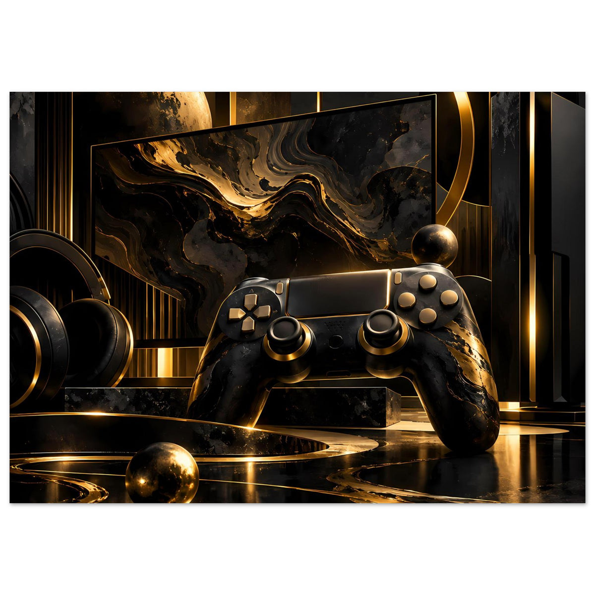 Gaming-Poster: Gamecontroller im Gold-Schwarz-Marmor-Look mit goldener Bahn