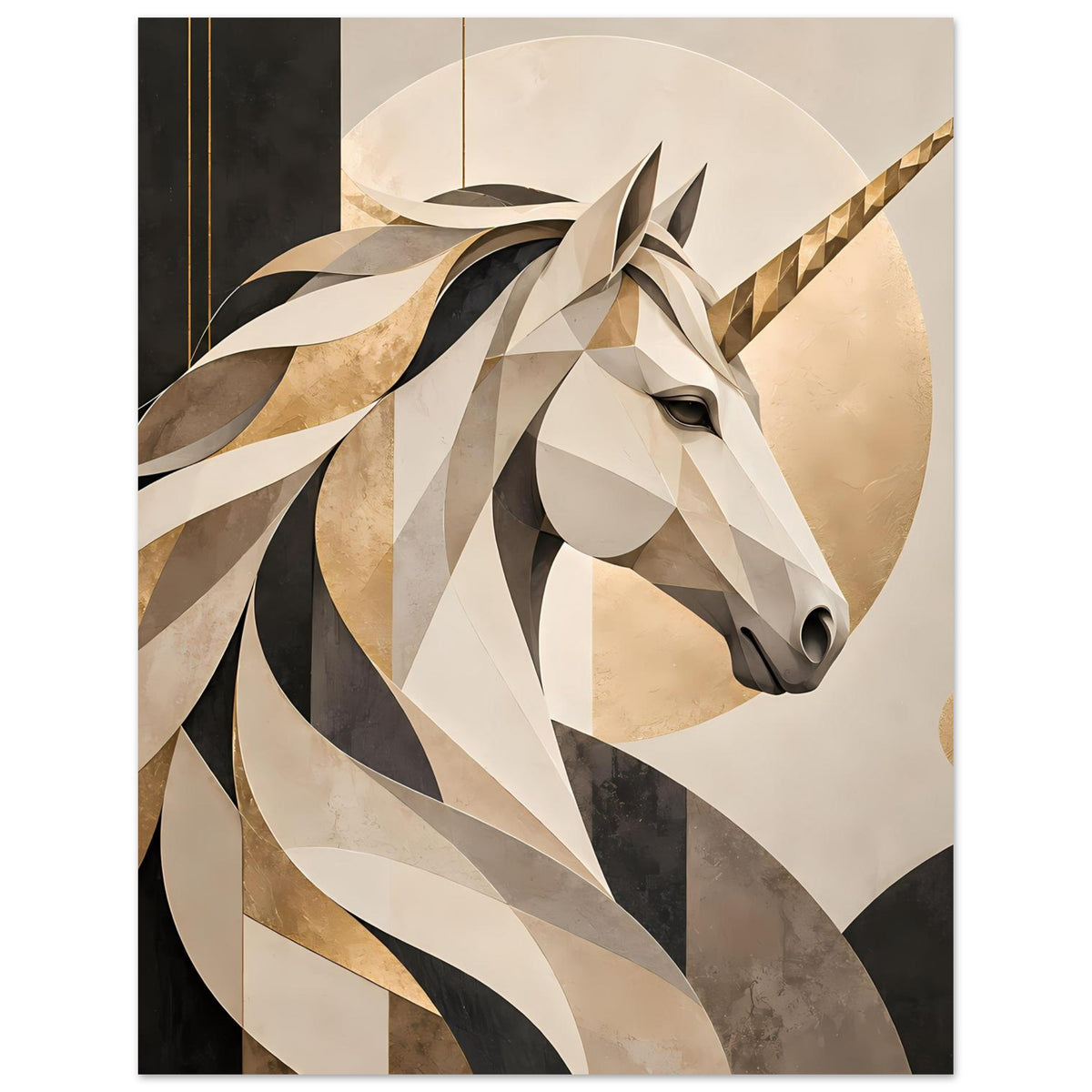 Einhornporträt-Poster mit geometrischer Einhornmähne und rundem Hintergrundelement
