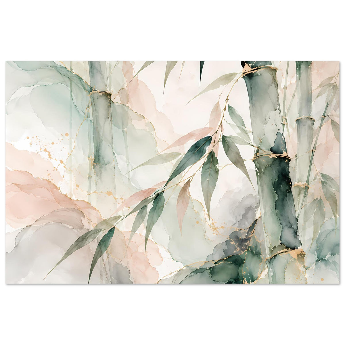 Horizontales Poster mit Bambus-Motiv in Aquarelloptik, Blätter und Stämme in Grün und Beige.