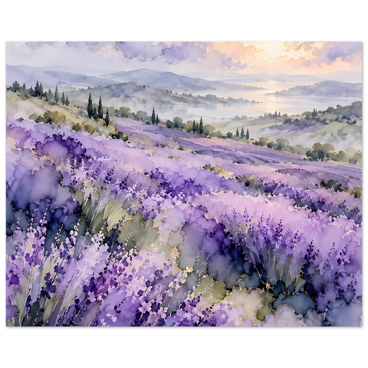 Aquarell-Landschaftsposter mit breiten Lavendelreihen, violetten Blütenfeldern und goldfarbenem Abendhimmel